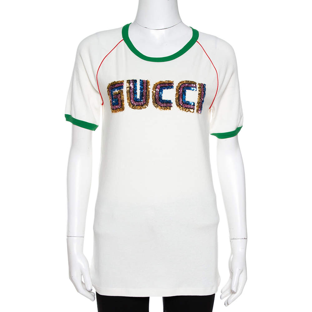 مملوكة مسبقًا Gucci Cream Knit Sequin Logo Applique Fitted T Shirt XL