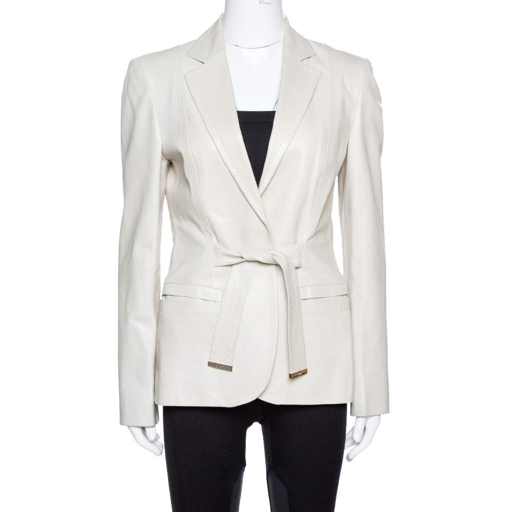 Pre Owned Gucci Pale Beige Leather Tie Front Blazer M
