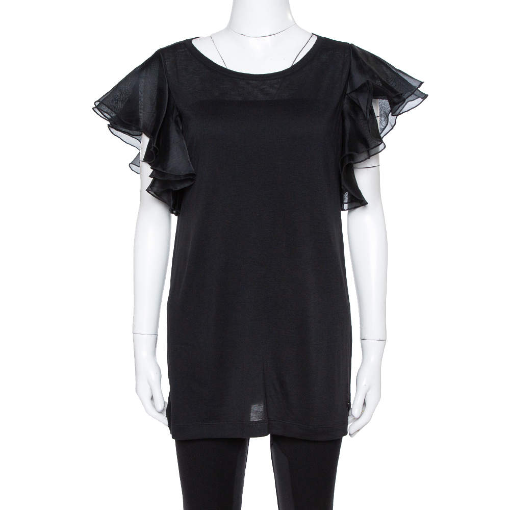 Gucci Black Jersey and Silk Ruffled Sleeve Top M