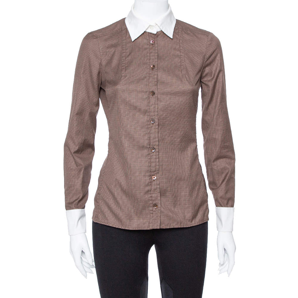 Pre Owned Gucci Brown Cotton Contrast Collar Long Sleeve Shirt S