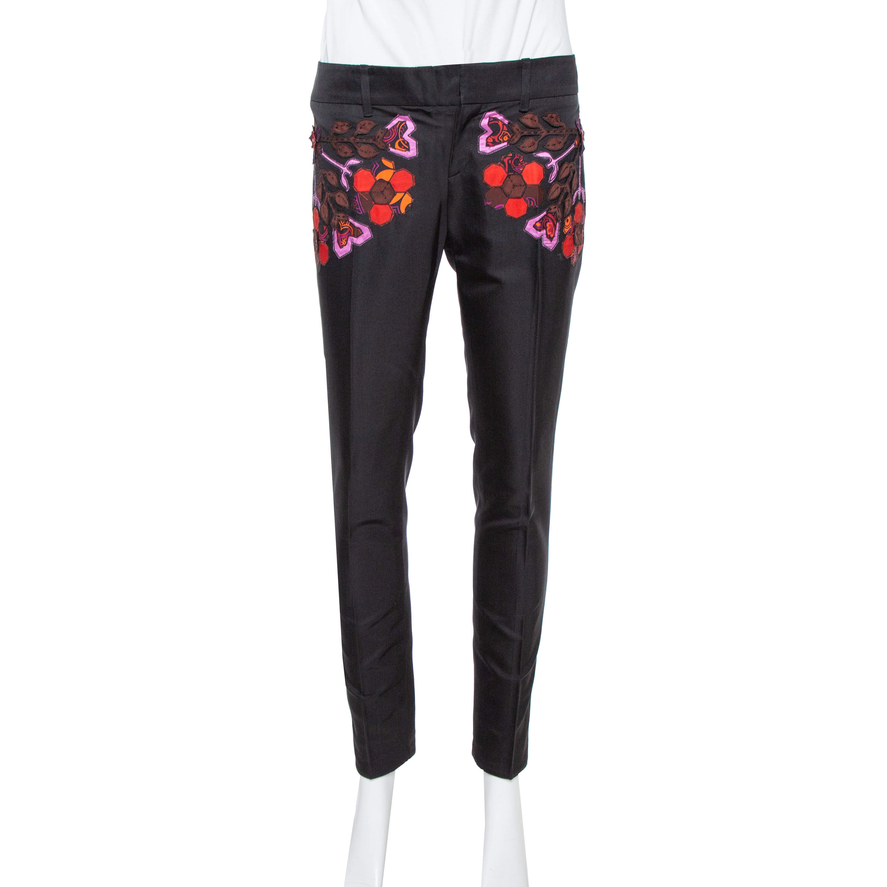 Pre Owned Gucci Black Cotton & Silk Floral Appliqued Pants S