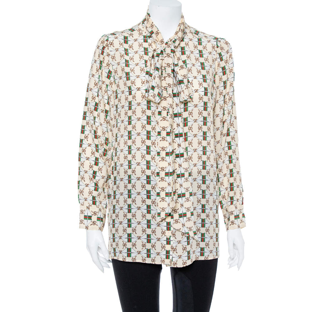 مملوكة مسبقًا Gucci Cream Silk Crepe Web Kisses Print Tie Collar Detail Shirt XL