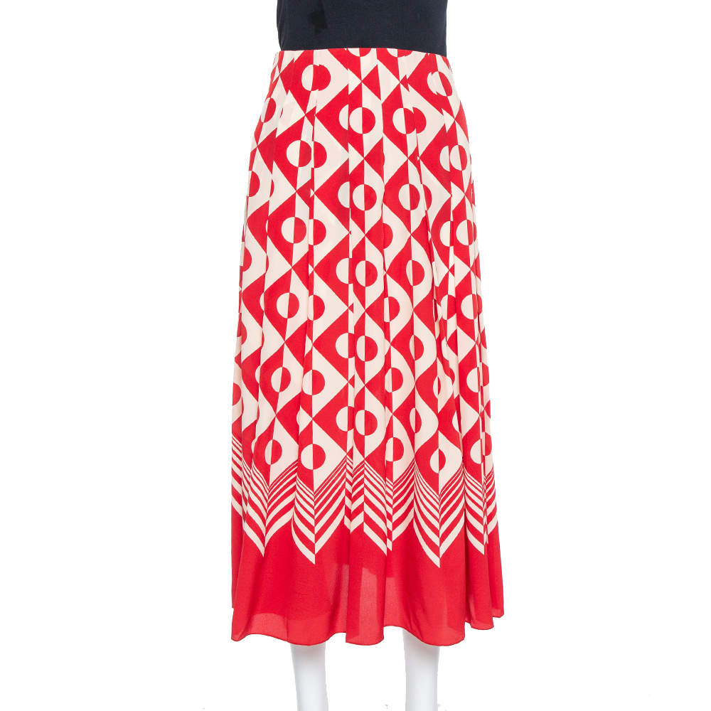 Pre Owned Gucci Red & Cream Geometric Printed Silk Midi Skirt S