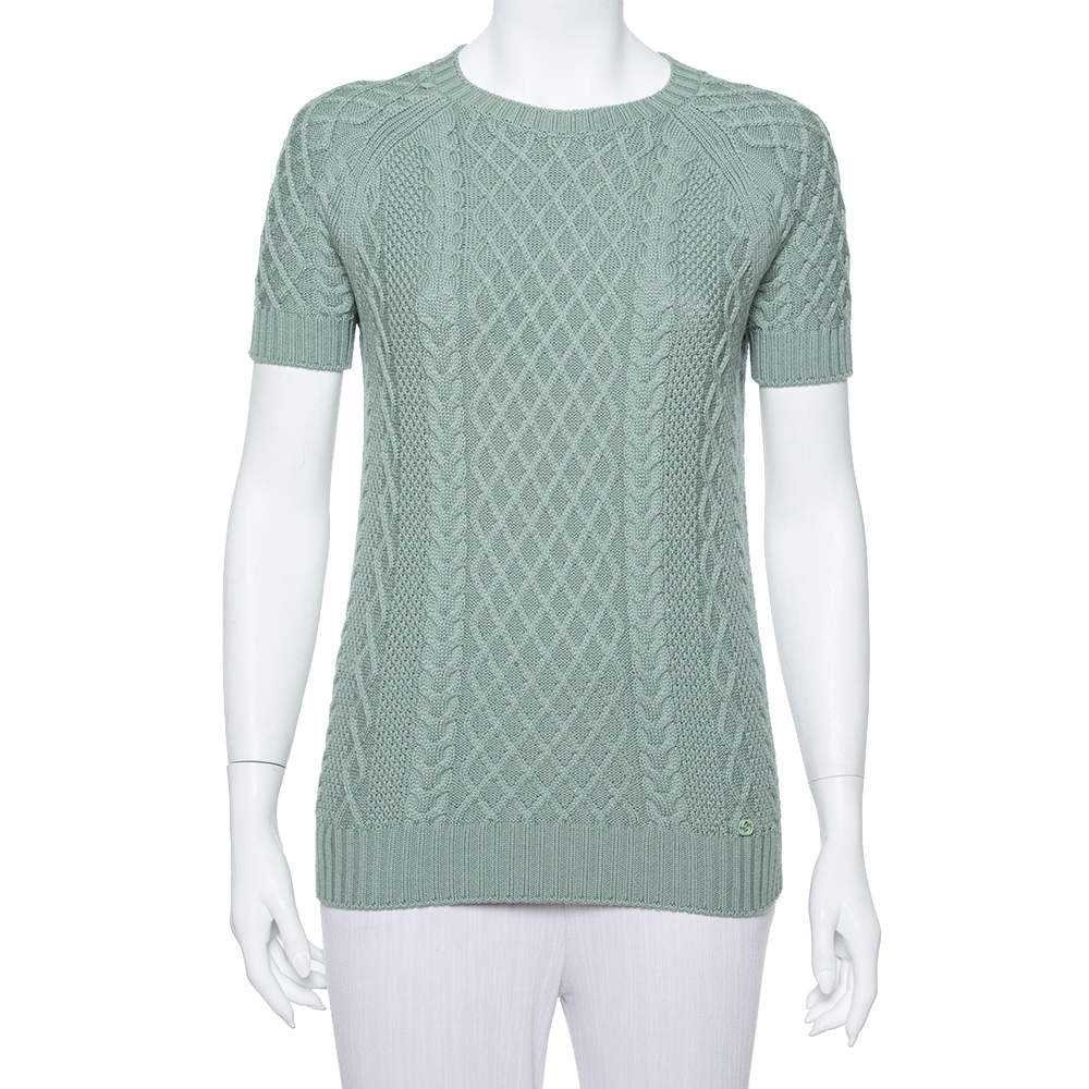 Pre Owned Gucci Pastel Green Cable Knit Short Sleeve Sweater S