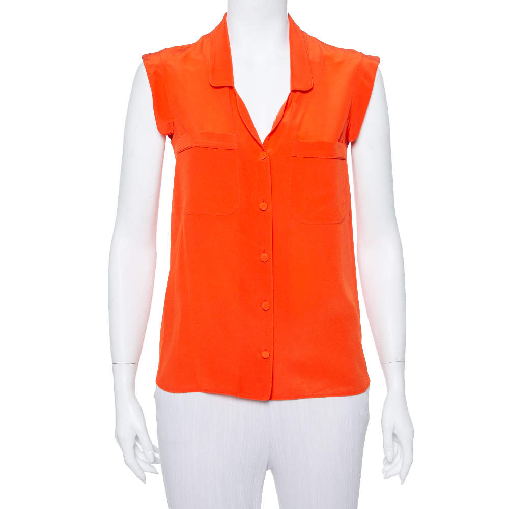 Pre Owned Gucci Orange Silk Sleeveless Shirt S