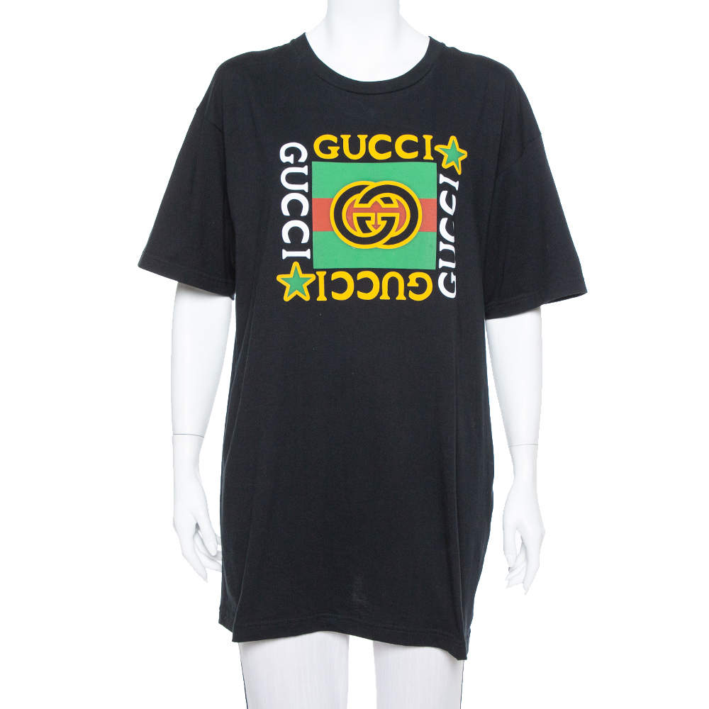 Pre Owned Gucci Black Logo Printed Cotton Crewneck Oversized T-Shirt M