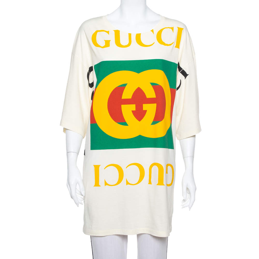 Gucci Cream Cotton Logo Printed Oversized T Shirt Dress XS