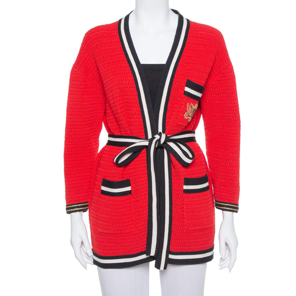 Gucci Red Knit Contrast Trim Detail Open Front Belted Cardigan S
