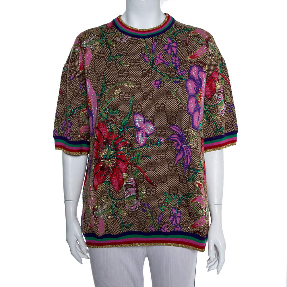 Pre Owned Gucci Beige Floral Jacquard Lurex Knit Logo Monogram Short Sleeve Sweater M