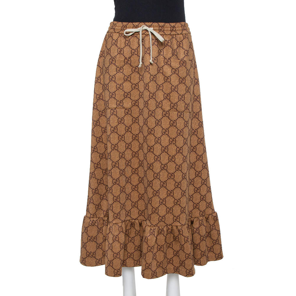 Pre Owned Gucci Beige Knit Logo Monogram Detail Ruffled Midi Skirt XS