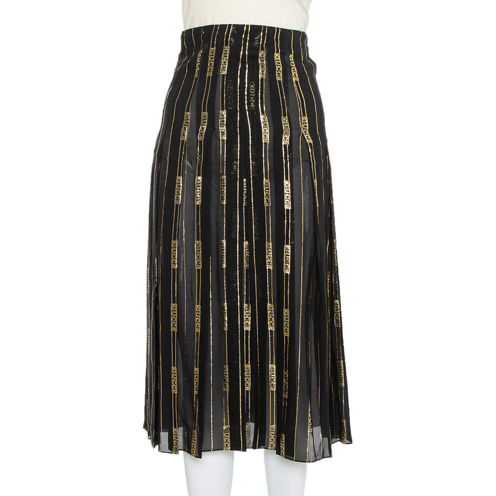 Gucci X Dapper Dan Black & Gold Silk Logo Detail Pleated Midi Skirt XS ...