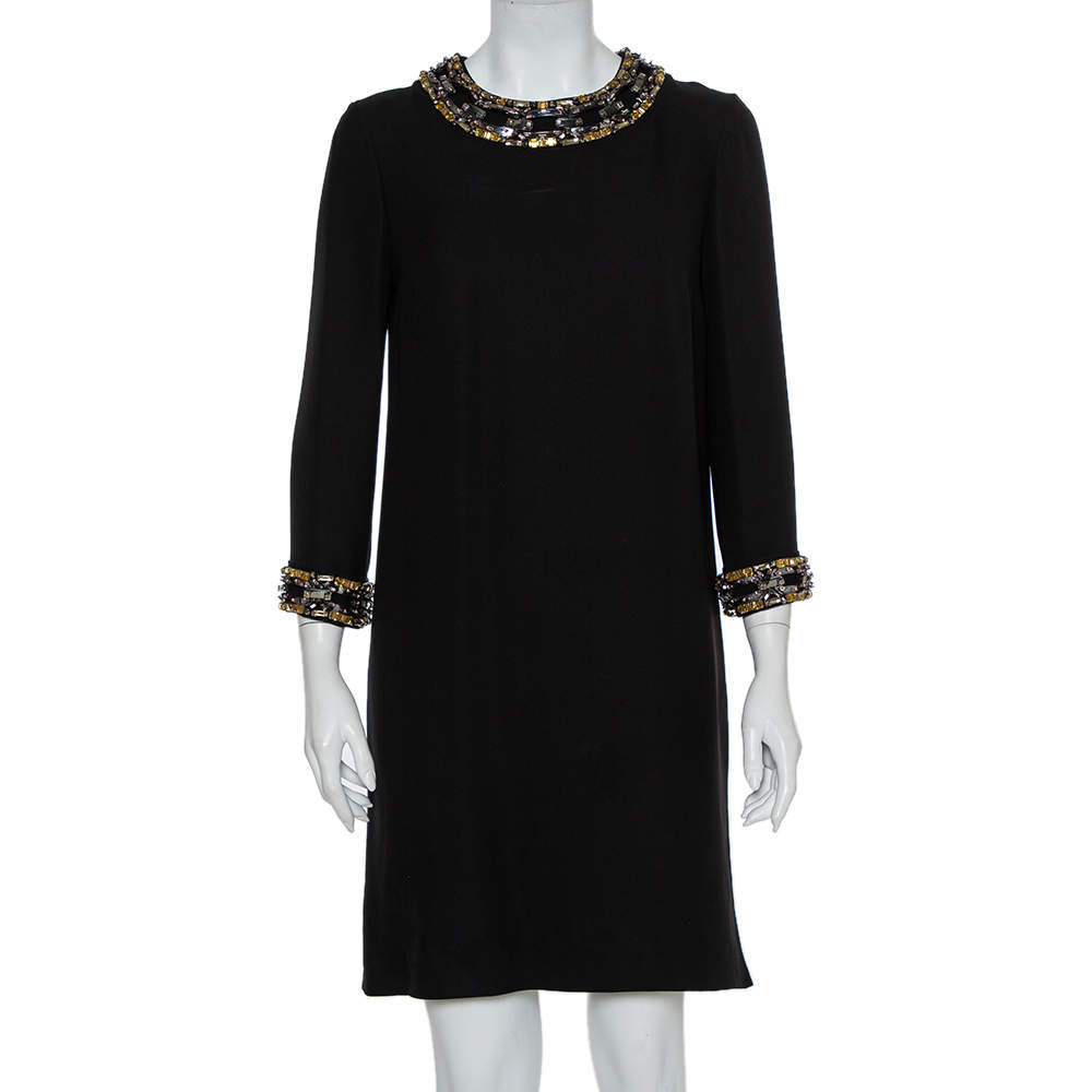 فستان غوتشي قصير مزخرف حرير أسود مقاس متوسط