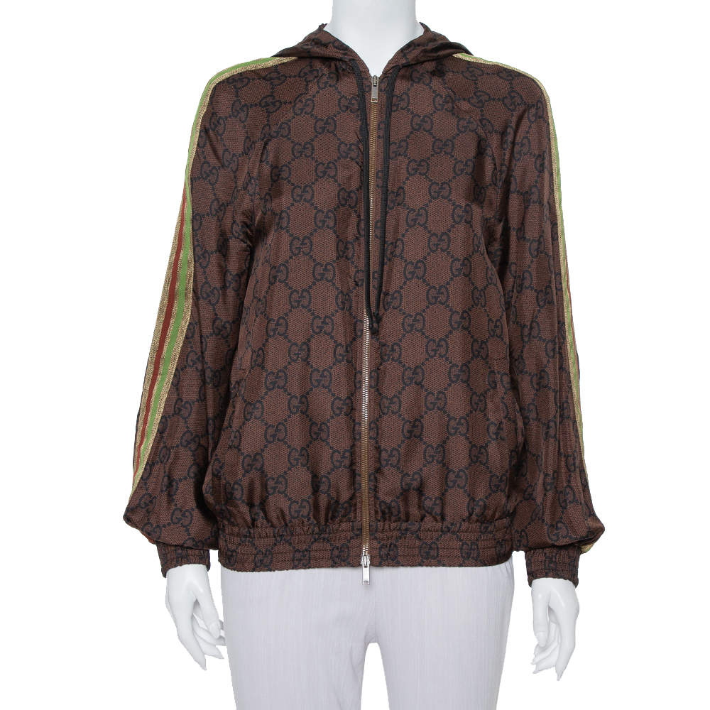 Pre Owned Gucci Brown Guccissima Printed Silk Stripe Detail Hooded Jacket XS