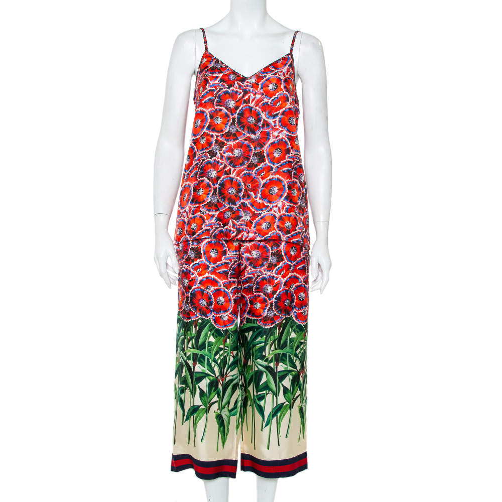 Gucci Red Garden Printed Silk Camisole & Wide Leg Pants Set S