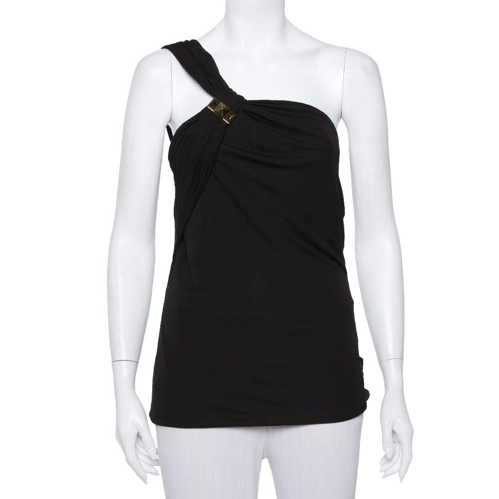 Pre Owned Gucci Black Knit Metal Embellished One Shoulder Top L