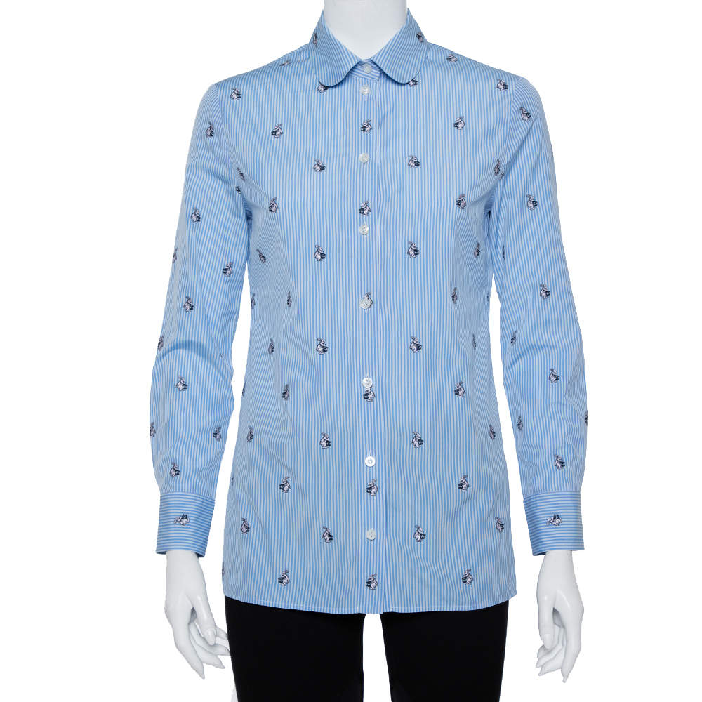Pre Owned قميص غوتشي أزرار أمامية تفاصيل رابيت فيل كوبيه قطن مخطط أزرق مقاس صغير
