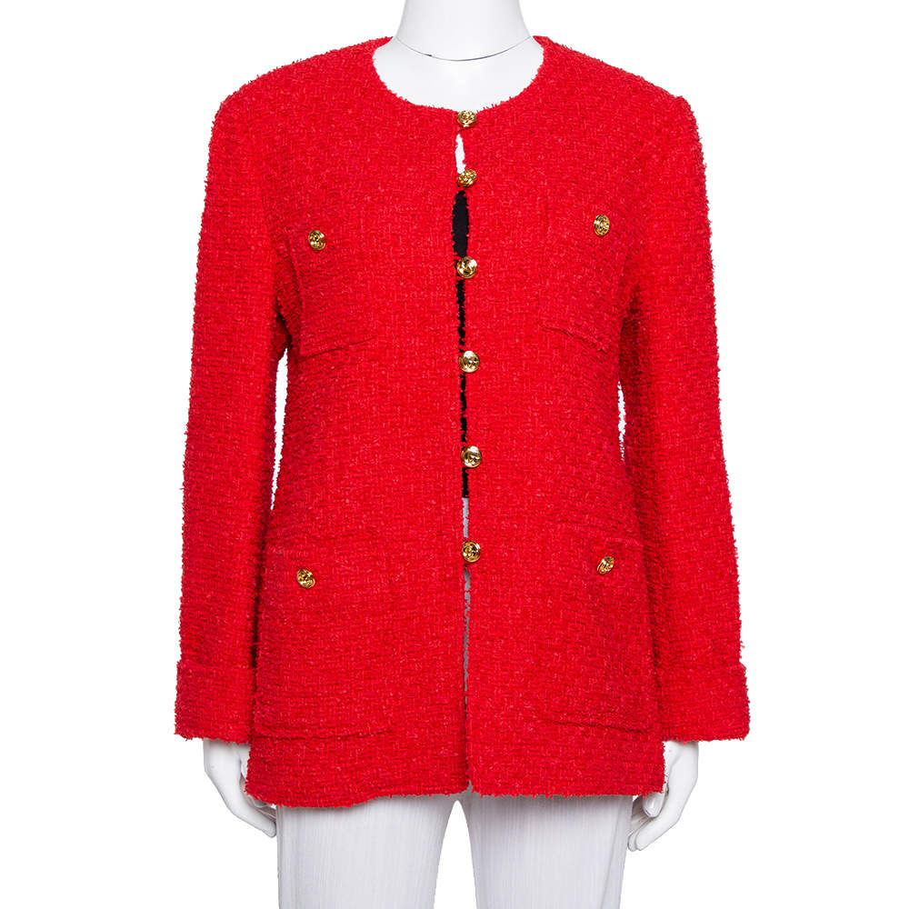 Pre Owned Gucci Red Tweed Button Front Jacket L