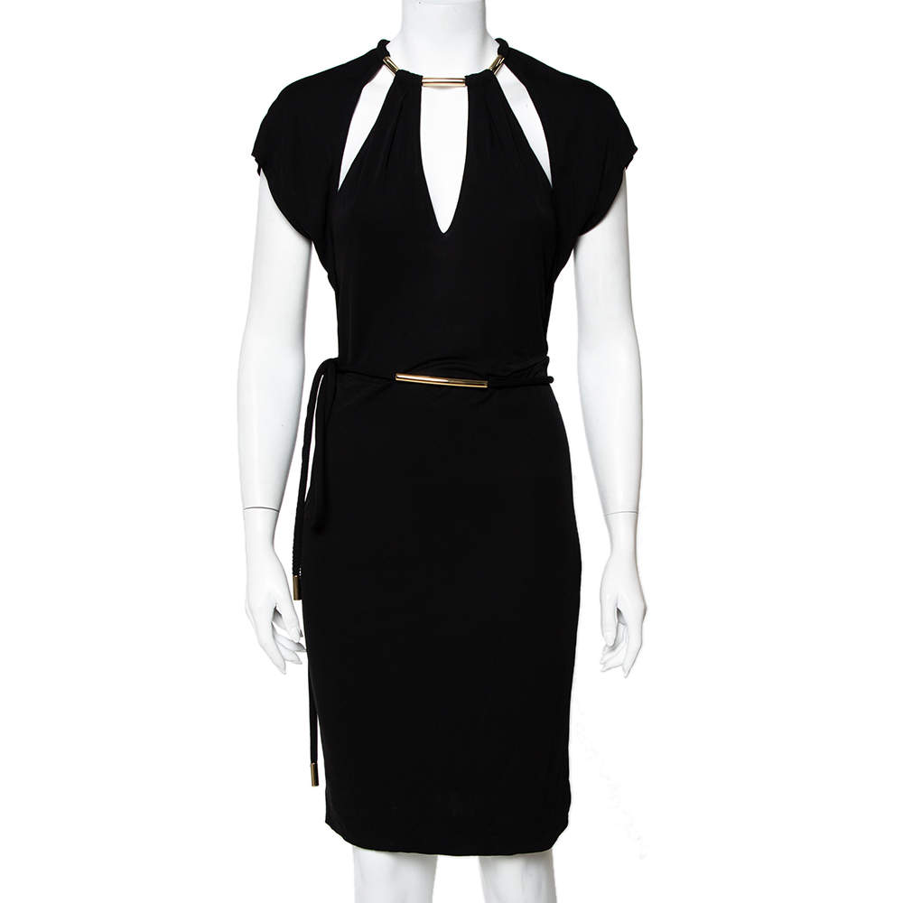 مملوكة مسبقًا Gucci Black Knit Metal Embellished Cutout Detail Belted Dress M