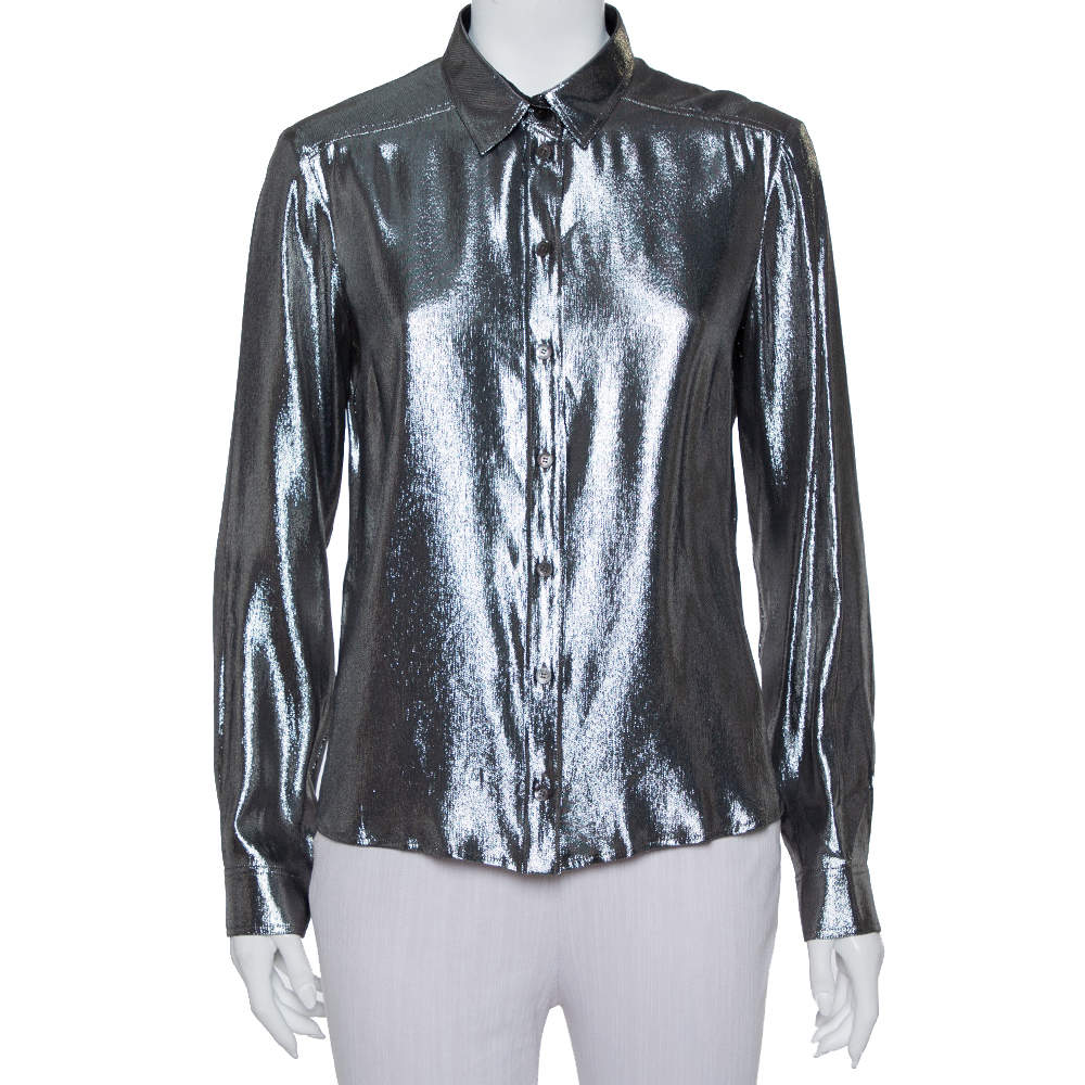 مملوكة مسبقًا Gucci Metallic Lurex Silk Button Front Shirt M