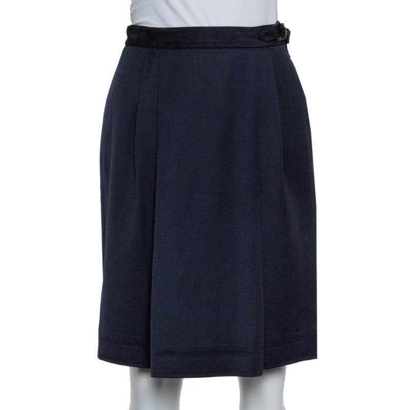 Pre Owned Gucci Vintage Navy Blue Wool Pleated Wrap Detail Knee Length Skirt S