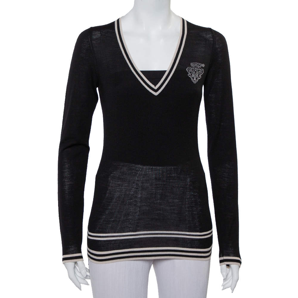 Pre Owned Gucci Black Wool Striped Detail V-Neck Sweater L