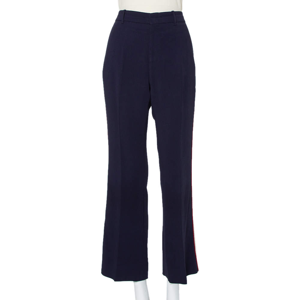 Pre Owned Gucci Navy Blue Knit Side Strip Trim Detail Bootcut Pants L
