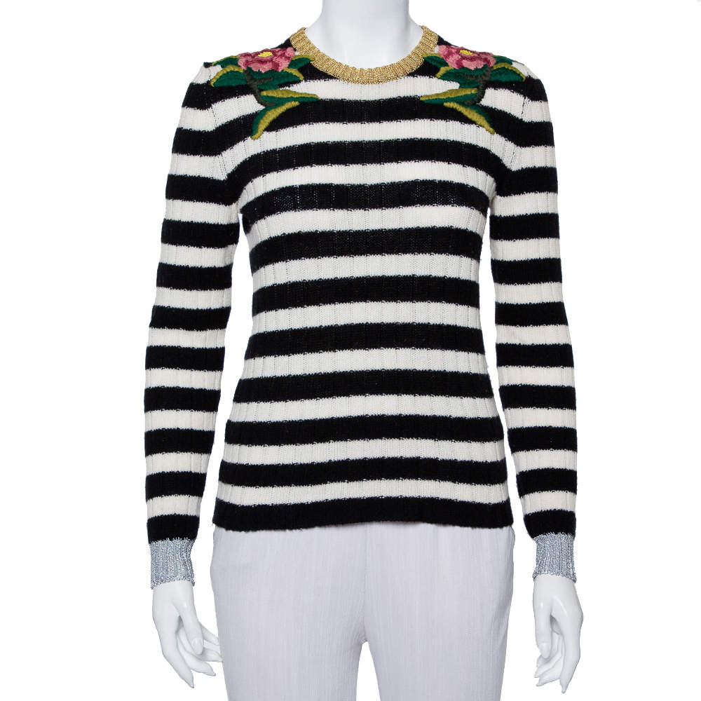 Pre Owned Gucci Monochrome Striped Knit Floral Embroidered Applique Sweater S