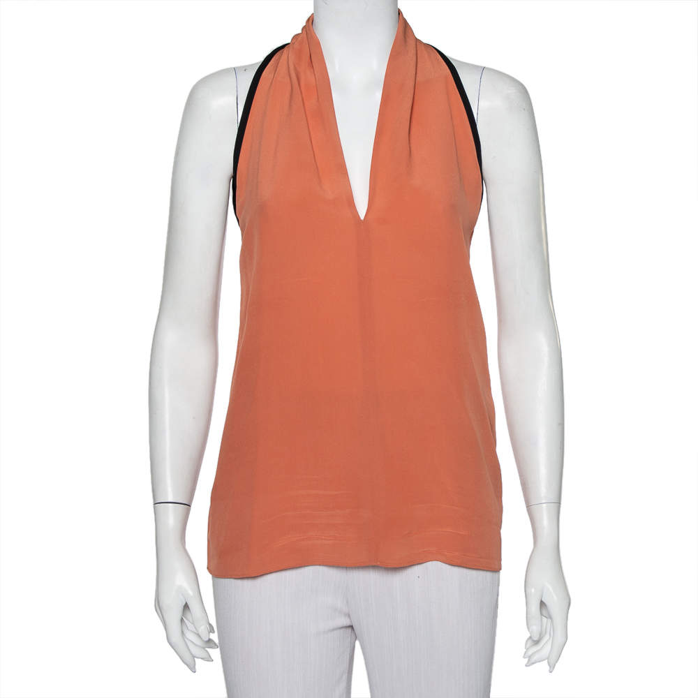 Gucci Pale Pink Silk Contrast Trim Detail Sleeveless Top S