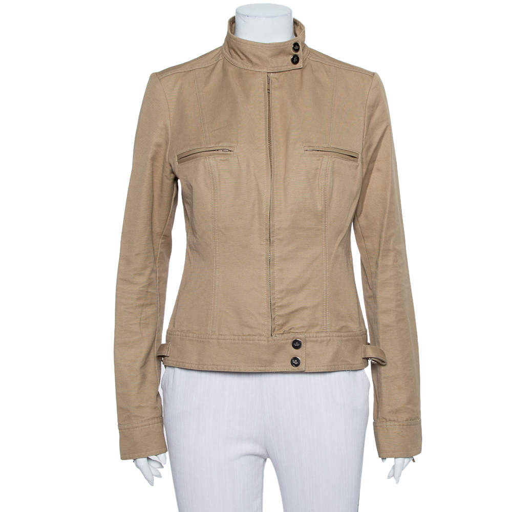 Pre Owned Gucci Camel Brown Cotton Canvas Stand Collar Jacket M