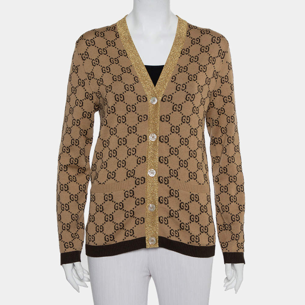 Gucci Beige Logo Monogram Wool Metallic Trim Detail Button Front