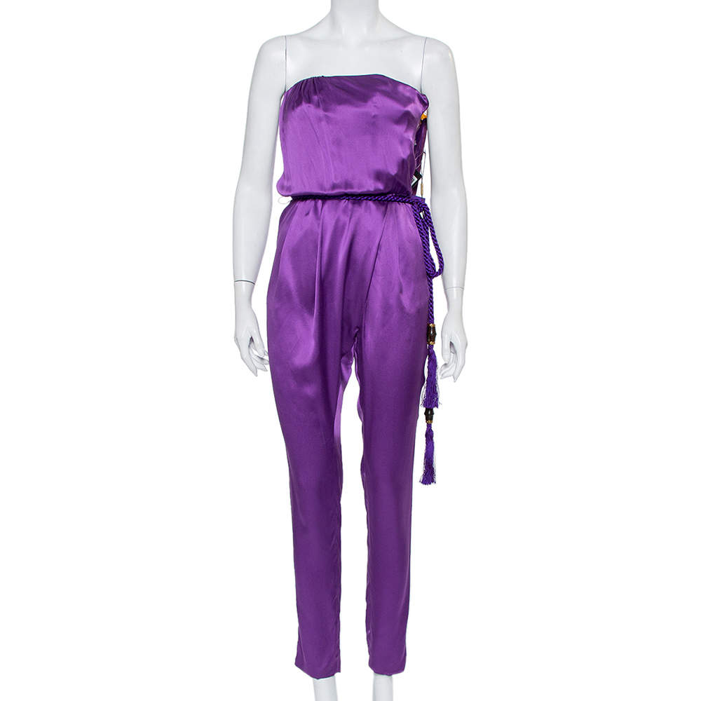Pre Owned Gucci Purple Silk Satin Belted Bustier Detail Strapless Jumpsuit S