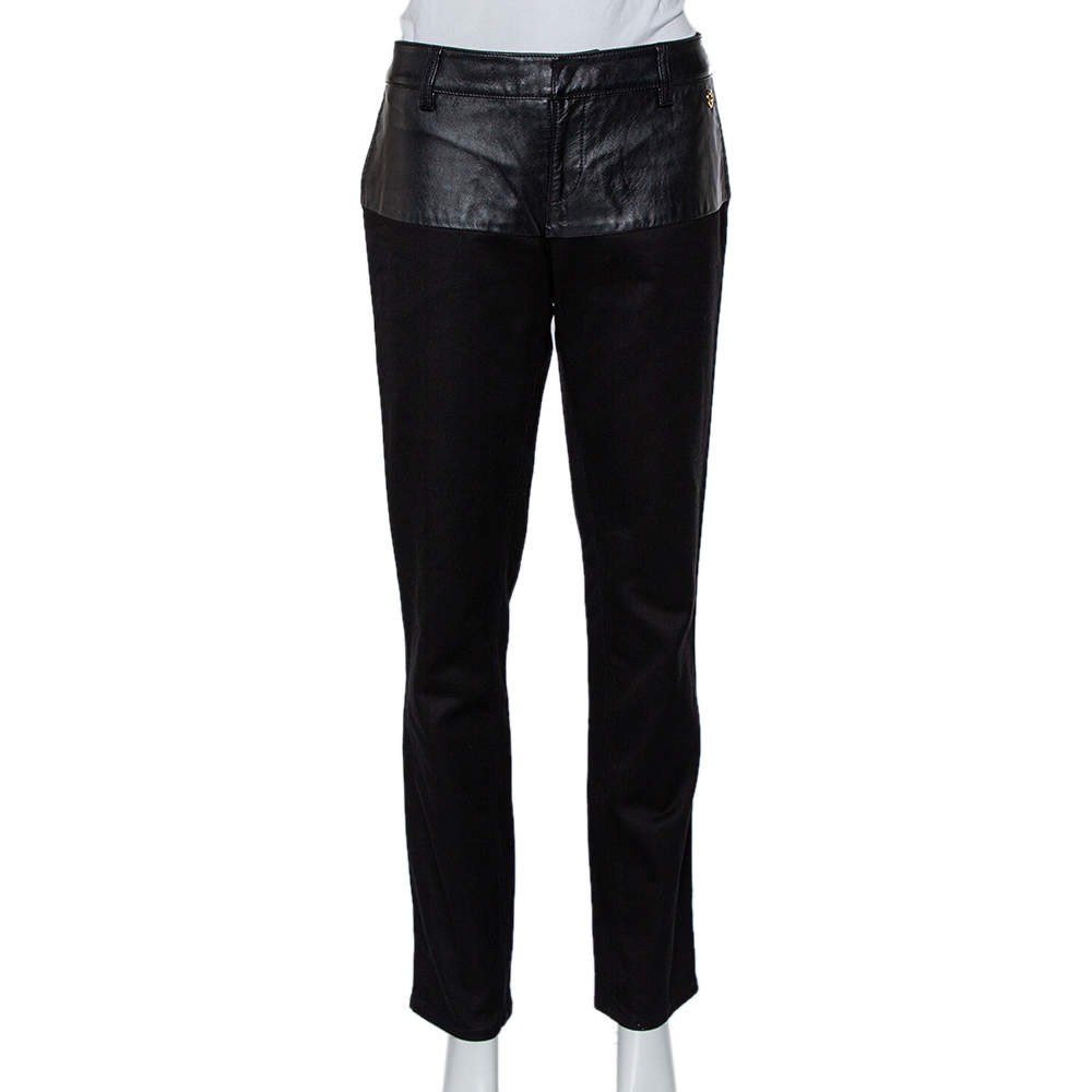 Pre Owned Gucci Black Cotton Fitted Leather Trim Tapered Leg Pants M