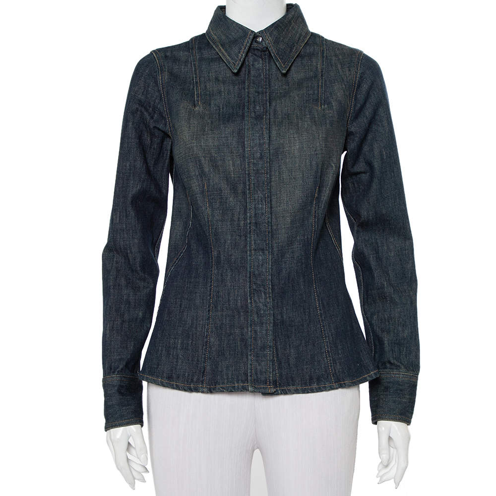 Pre Owned Gucci Navy Blue Denim Button Front Shirt S