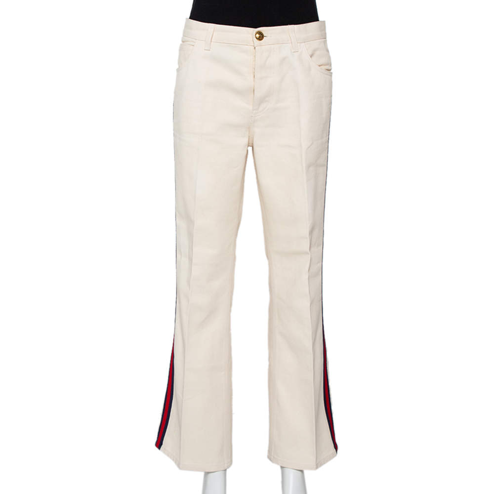 Pre Owned Gucci Cream Denim Side Stripe Trim Flared Leg Jeans M