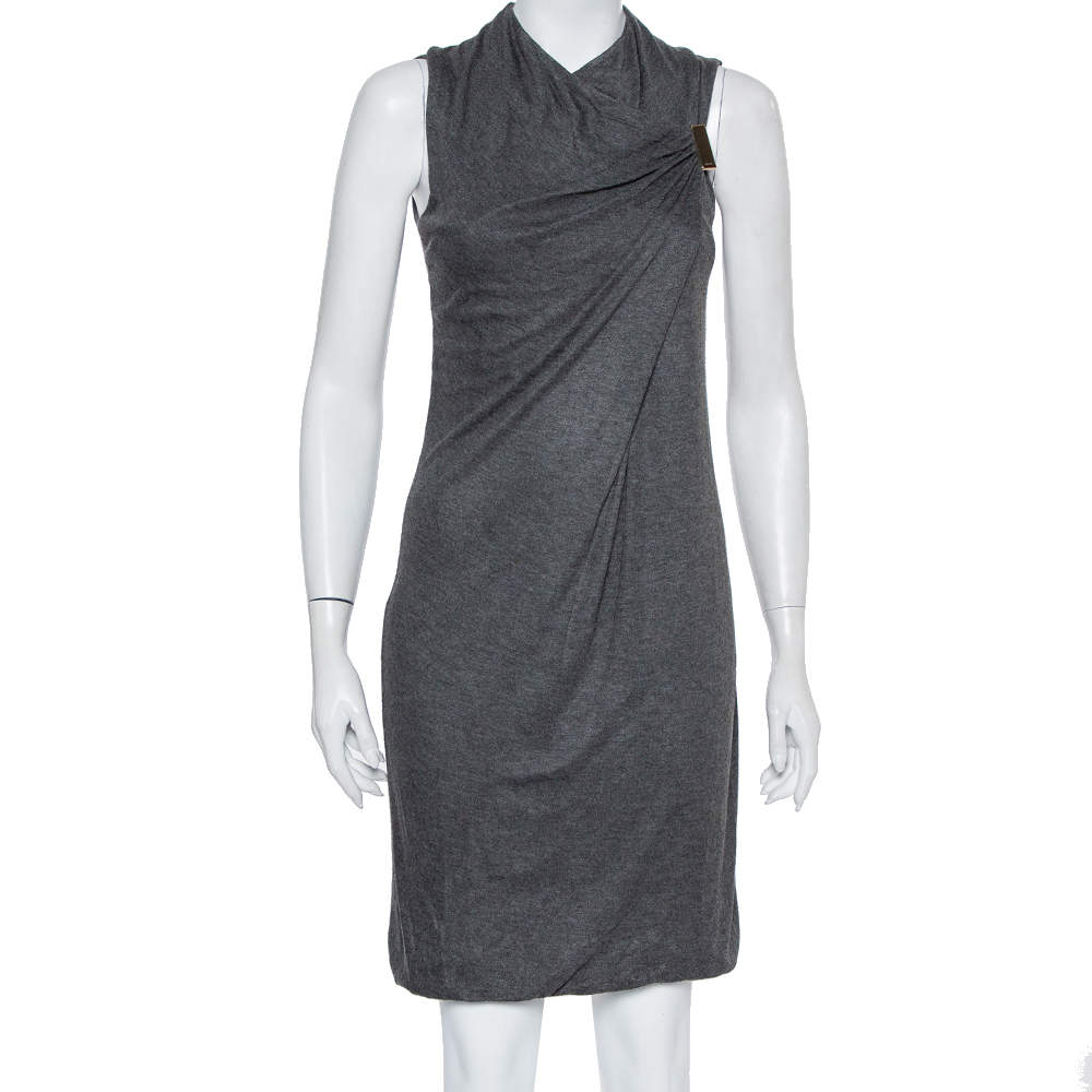 Pre Owned Gucci Grey Knit Draped Sleeveless Shift Dress S