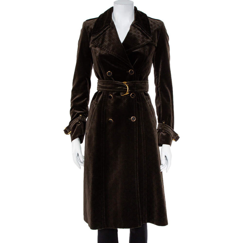 مملوكة مسبقًا Gucci Brown Logo Monogram Velvet Belted Trench Coat S