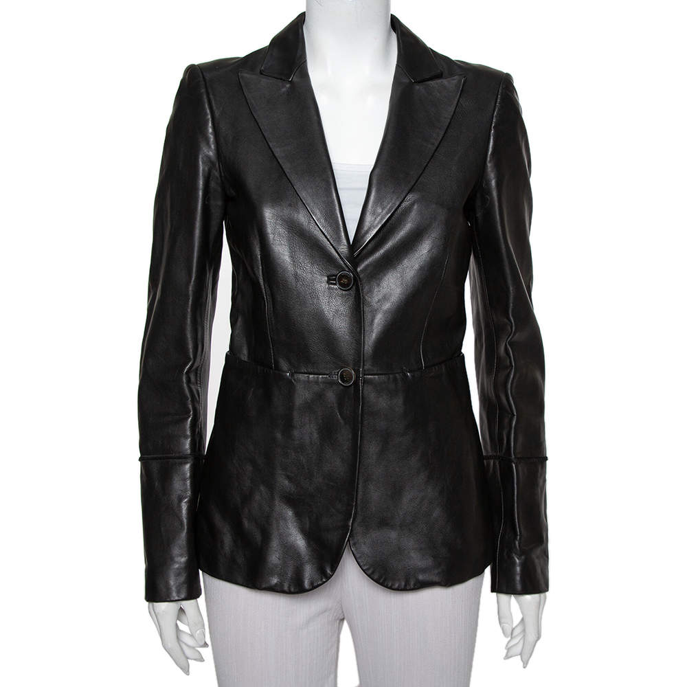 Pre Owned Gucci Black Leather Button Front Blazer S