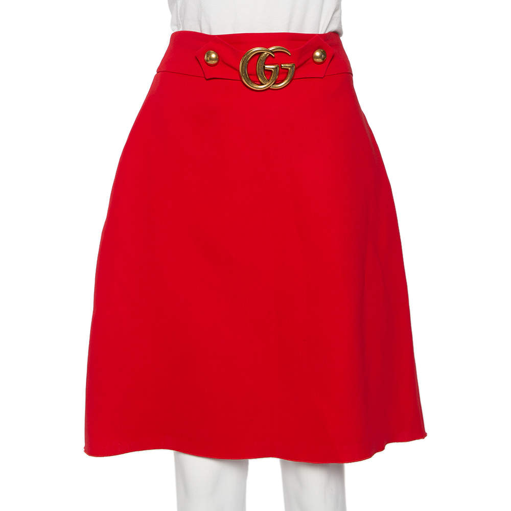 Pre Owned Gucci Red Wool & Silk Logo Belt Detail Knee Length Skirt M