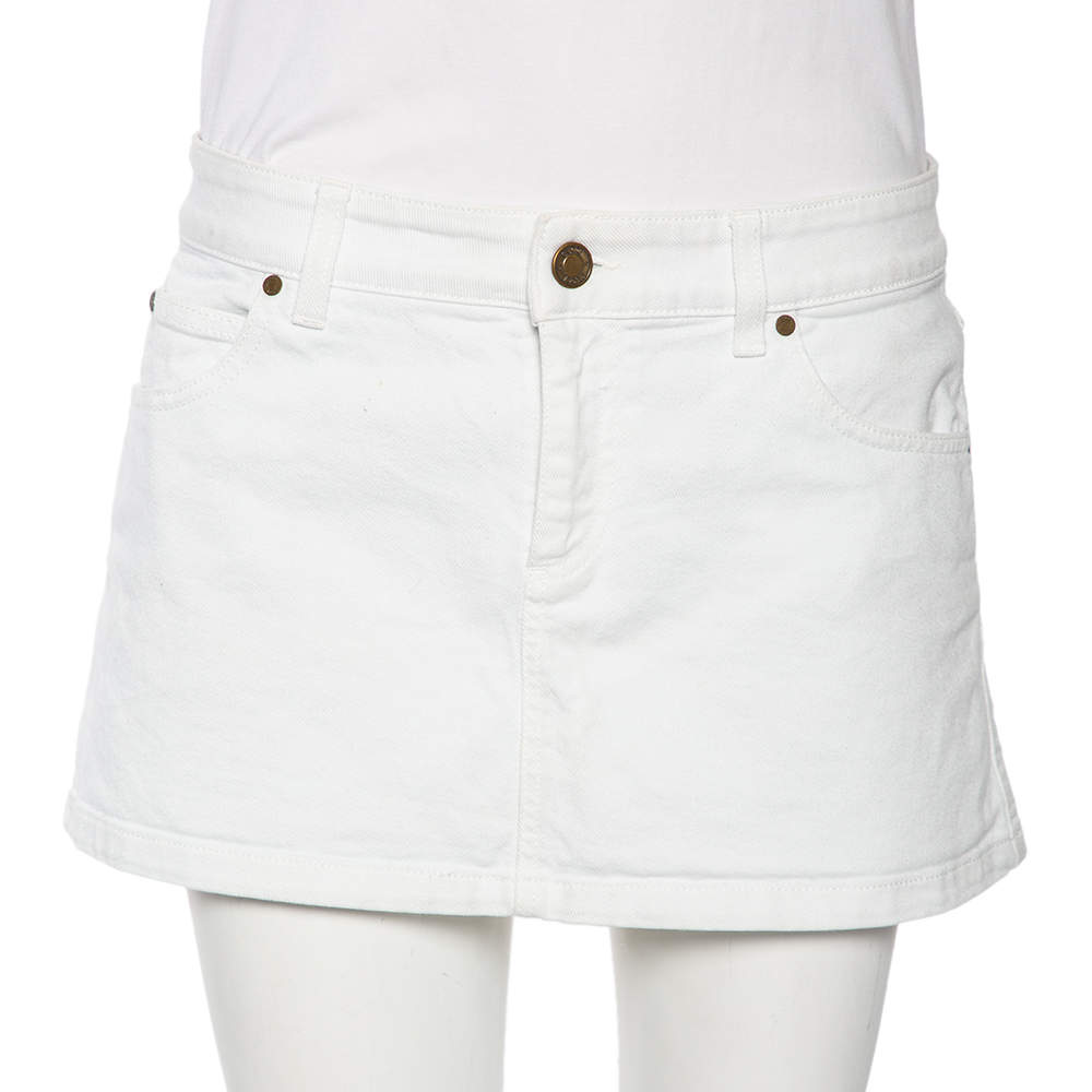 Pre Owned Gucci White Denim Logo Printed Mini Skirt M