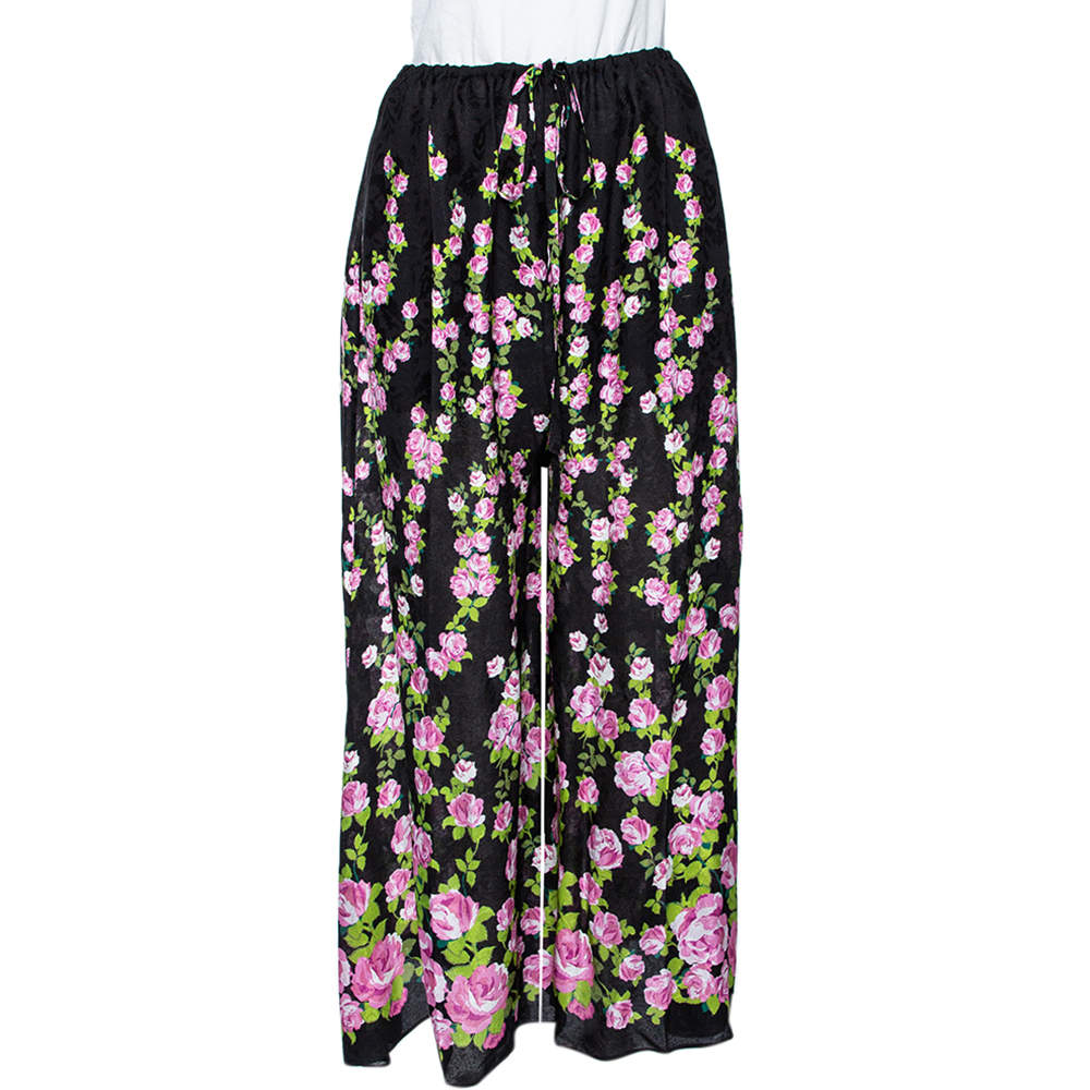 Pre Owned Gucci Black Climbing Roses Print Jacquard Silk Wide Leg Trousers L