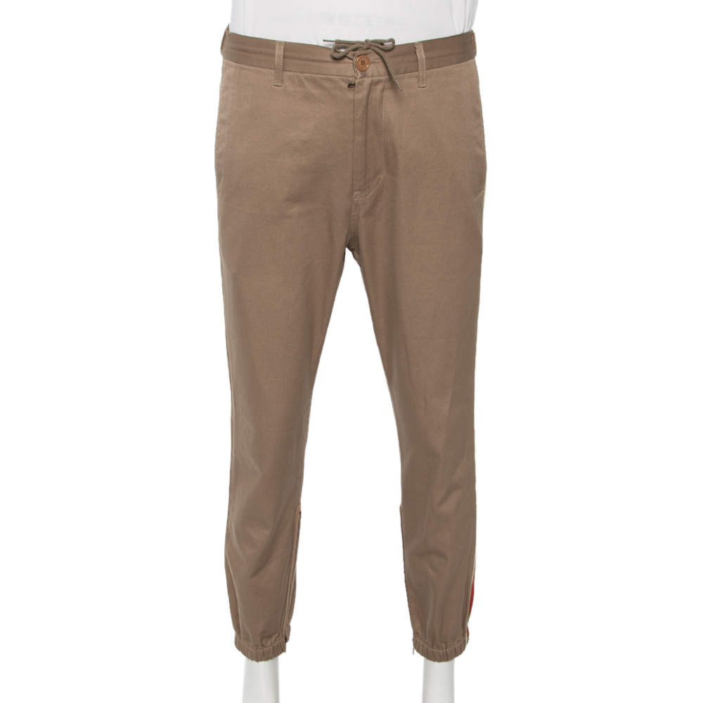 Gucci Khaki Cotton Contrast Stripe Logo Trim Detail Trousers L 