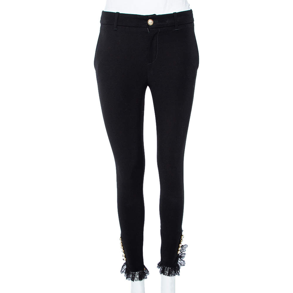 Pre Owned Gucci Black Stretch Cotton Lace Trimmed Skinny Pants S