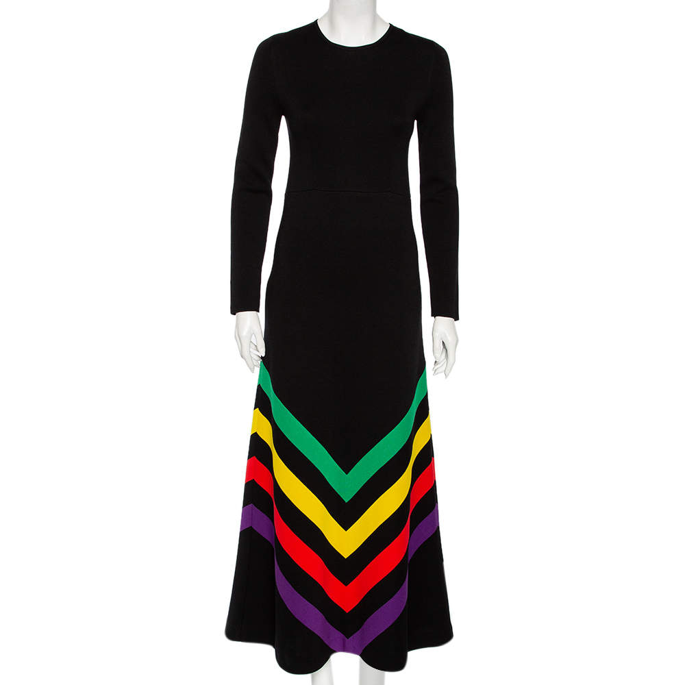 Pre Owned Gucci Black Silk Knit Chevron Print Flared Maxi Dress S