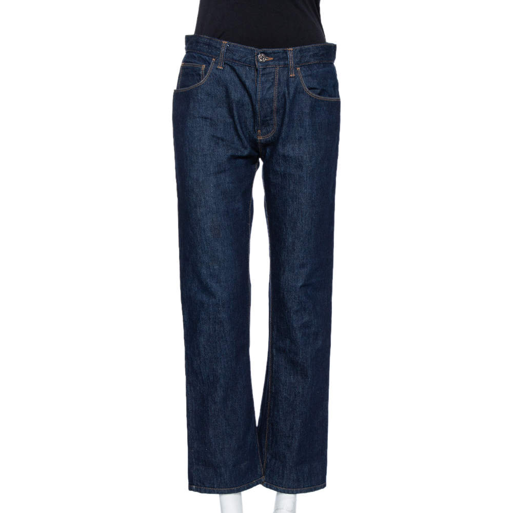Gucci Blue Denim Leather Tab Detail Regular Fit Jeans M 