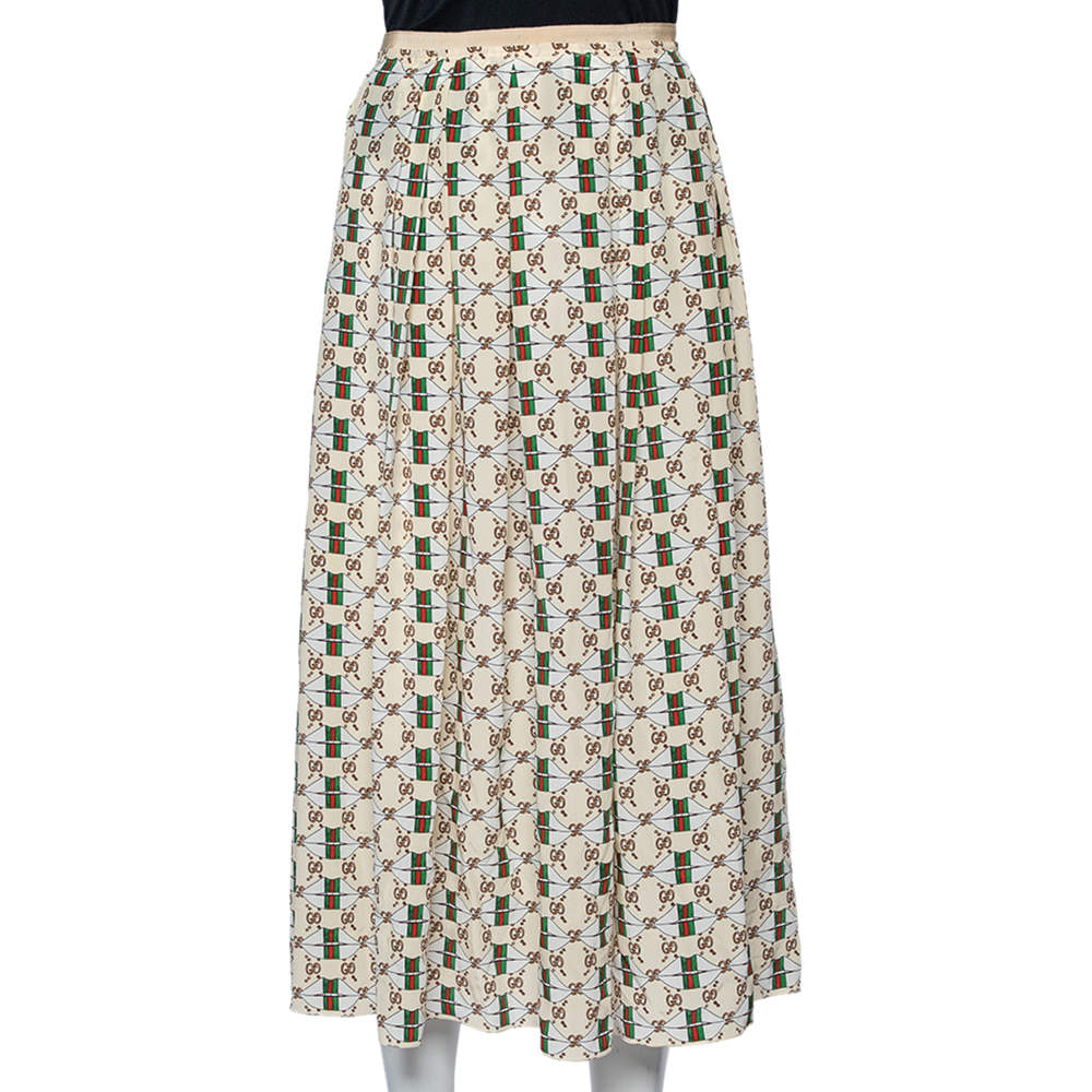 Pre Owned Gucci Beige Web Kisses & Logo Monogram Printed Silk Pleated Midi Skirt M