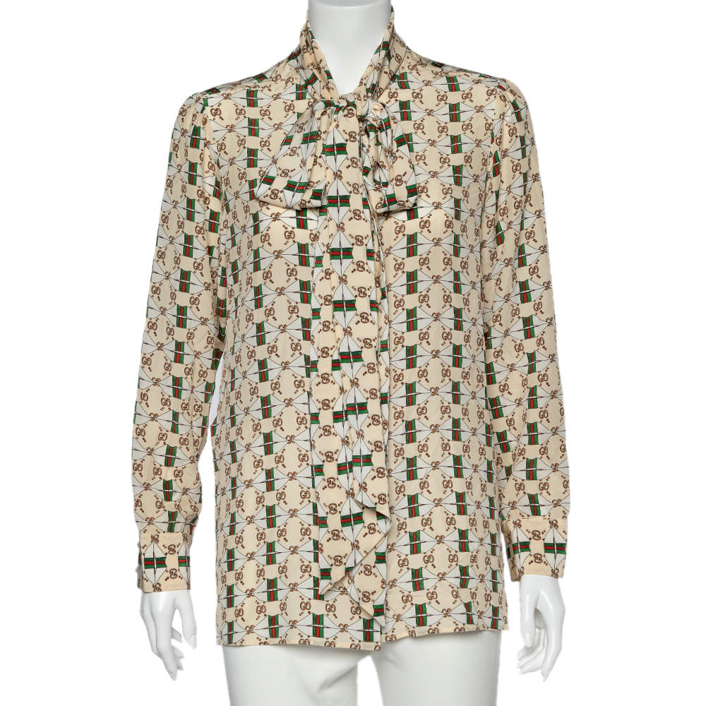 Gucci Beige Web Kisses & Logo Monogram Printed Silk Neck Tie Detail Shirt M