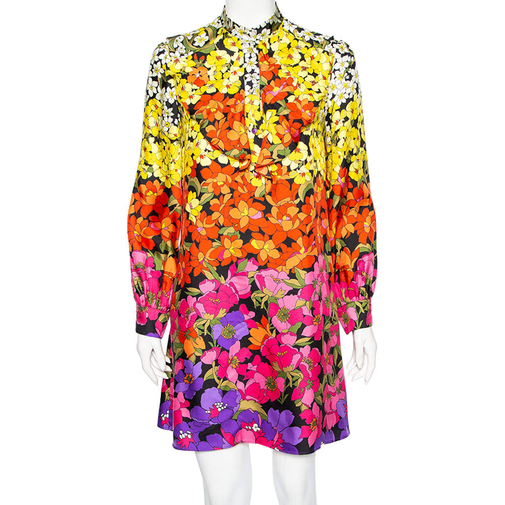 Pre Owned Gucci Multicolored Floral Printed Silk Ruffle Trim Detailed Dress S