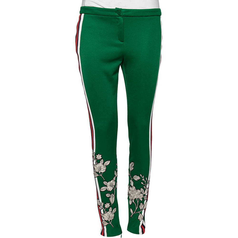 Pre Owned Gucci Green Jersey Floral Embroidered Web Stripe Trim Detail Pants M
