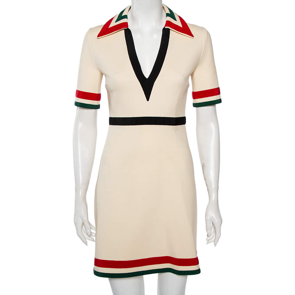 Pre Owned Gucci Cream Stretch Knit Web Stripe Trimmed V Neck Dress S