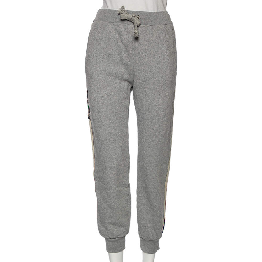 Pre Owned Gucci Grey Cotton Knit Stripe Trimmed Mystic Cat Appliqué Joggers XS